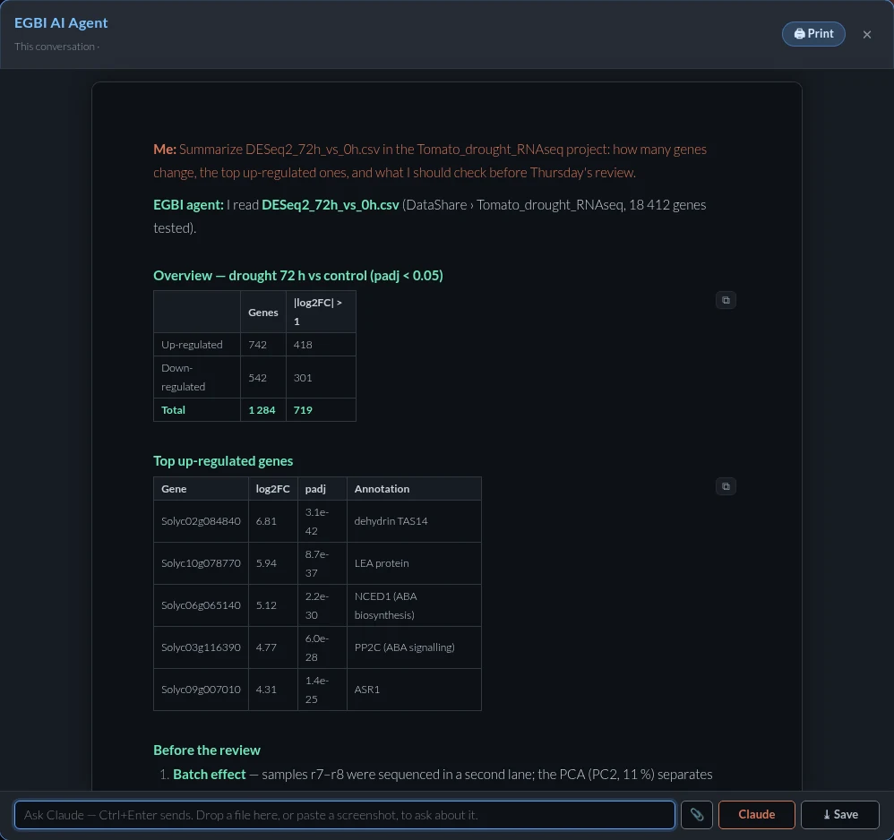 EGBI AI agent summarising a DESeq2 result