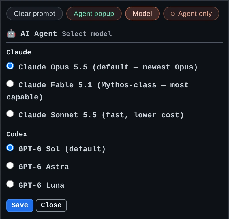 The model menu: Claude Opus, Fable and Sonnet, and the Codex GPT-6 models, each engine with its default