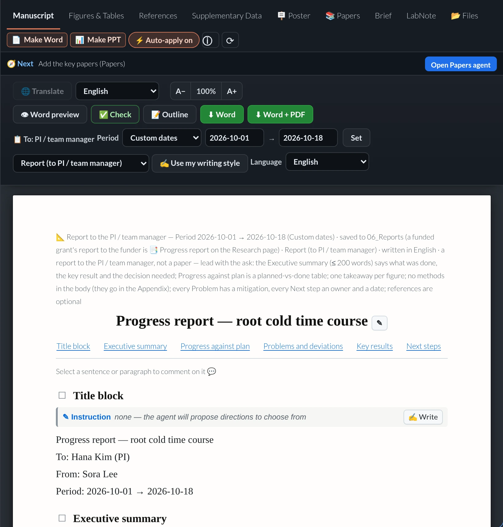 Writing panel of a report to the PI: period since last report, Word and Word + PDF export, report sections