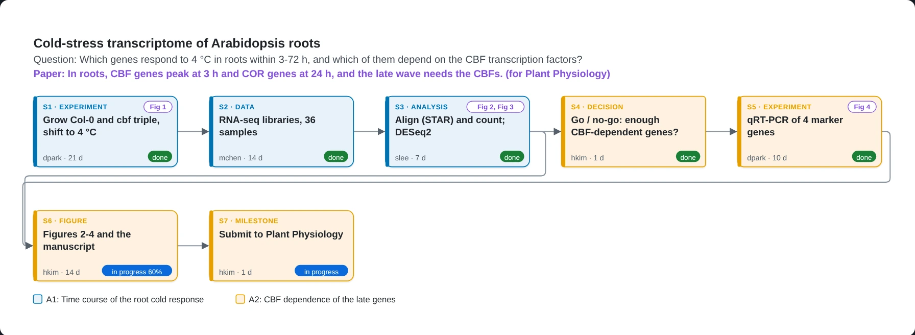 A research design drawn as a flowchart by the Design agent: experiments, data, a go / no-go decision, analysis and figures